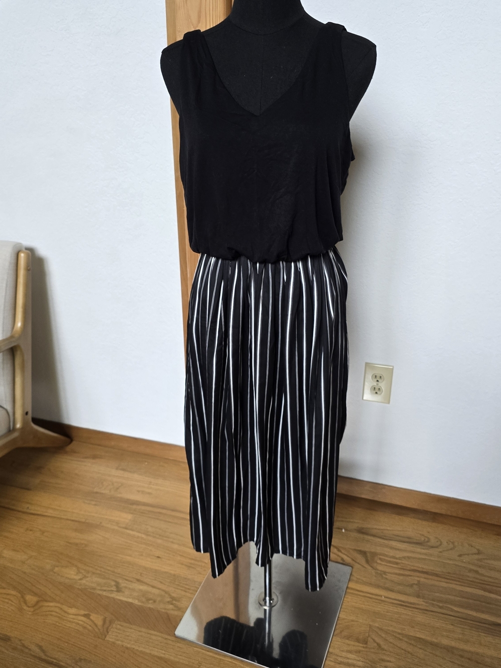 Loft Black White Stripe Mixed Media Midi Dress Blouson Waist Small S